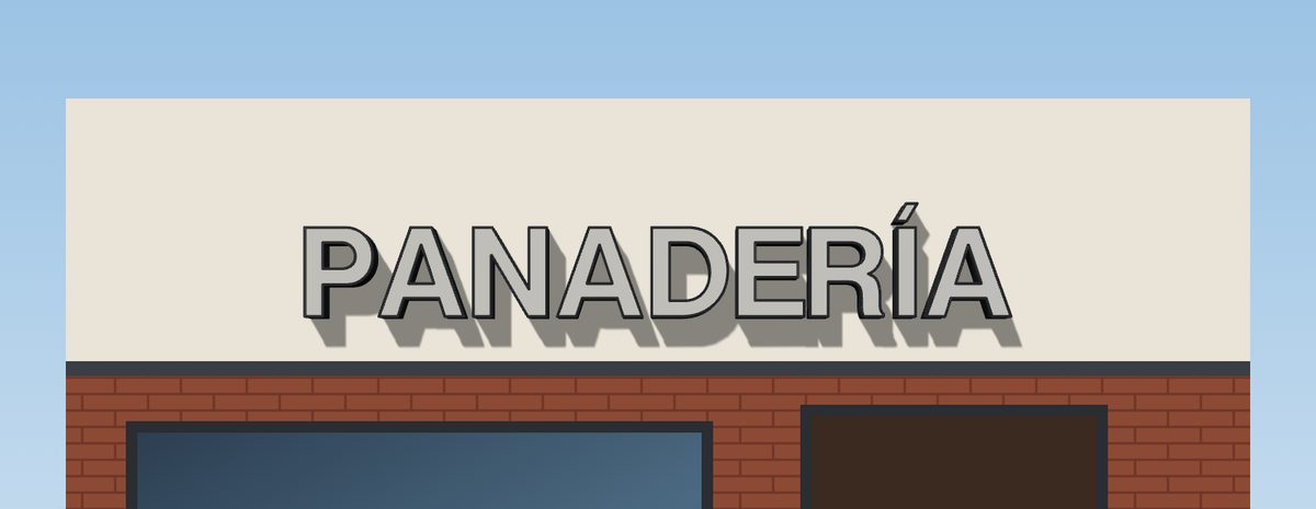 Render de un cartel de letras corpóreas sobre una fachada, de día